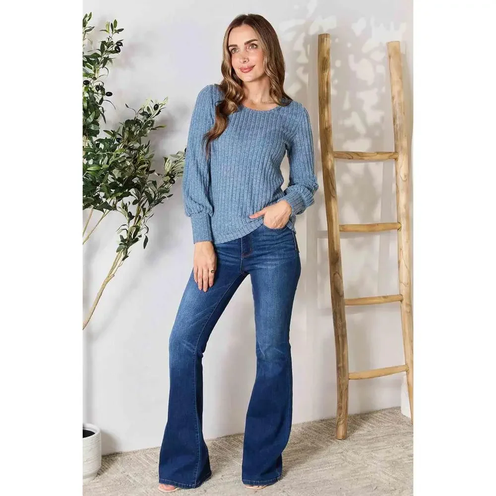 Double Take Ribbed Round Neck Lantern Sleeve Blouse - Picture 14 of 15